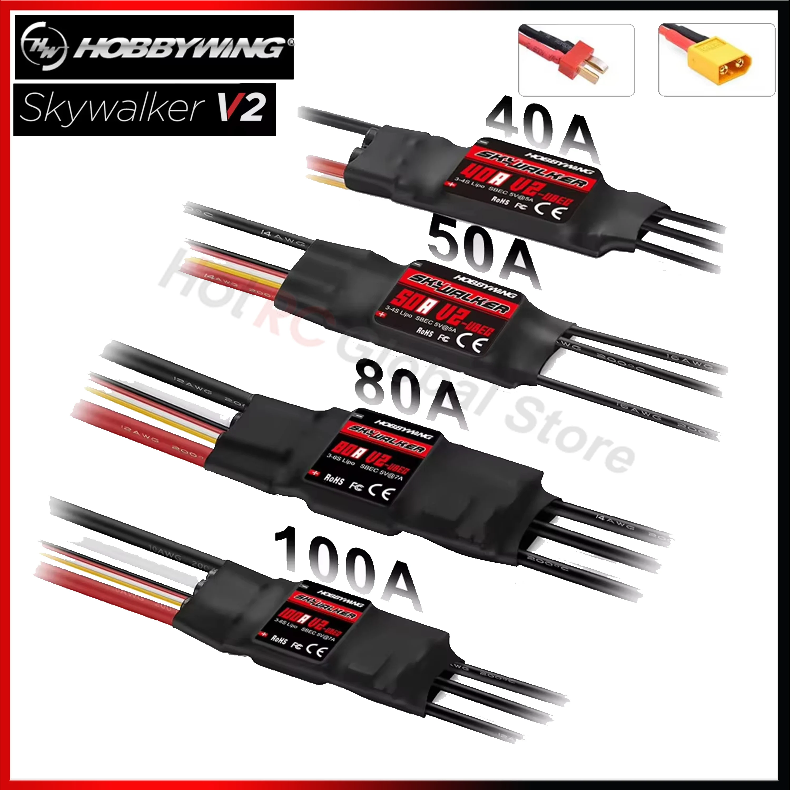 Fpv Drone Esc - Hobbywing-skywalker escスピードコントローラー,rc fpvドローン,クワッドコプター飛行機,v2シリーズ,40a 50a 80a 100a,txt60プラグ用